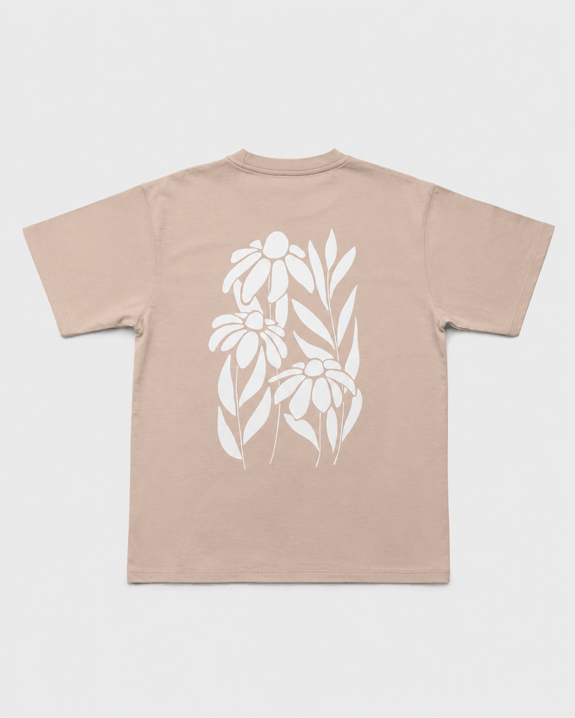 Costas da t-shirt bege Alvius Bloom com estampado floral branco de grandes dimensões.